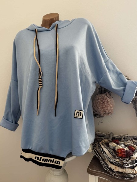 Kapuzen Tunika asymetrisch NEU Made in Italy 40-44 himmelblau Sweatshirt Longsleeve
