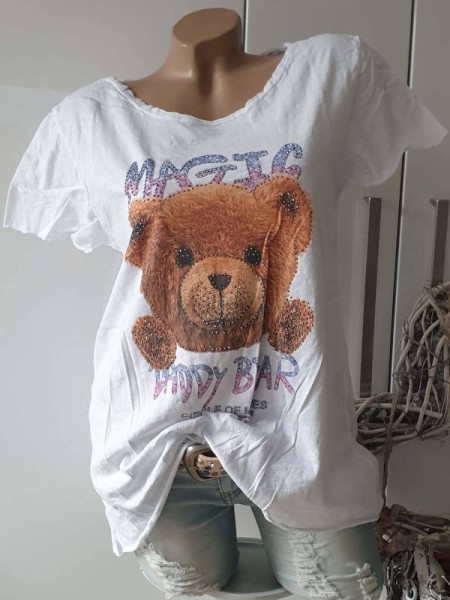 Onesize T-Shirt Tunika süsser Teddybär Print Baumwolle weiss Glitzer Nieten ITALY 36-40/42