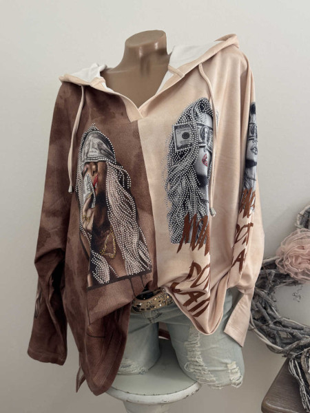 MISSY Tunika 38-46 Tunnelzug Kapuze Fashion Hoodie zweifarbig Dollar Frauen Print Neu Glitzernieten