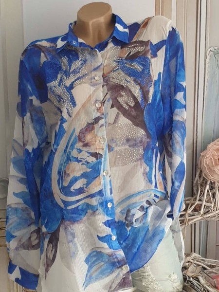 XL 42 MISSY Bluse Hemdbluse Tunika Langarm NEU weiss blau royalblau Nieten