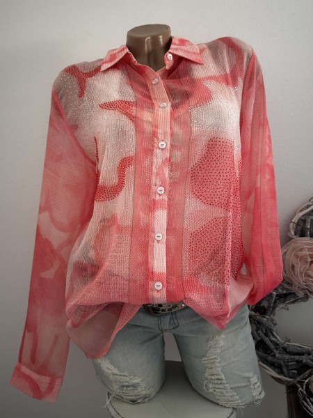 Bluse Missy M 38 Langarm lachs Floral gemustert Neue Kollektion Glitzer Nieten