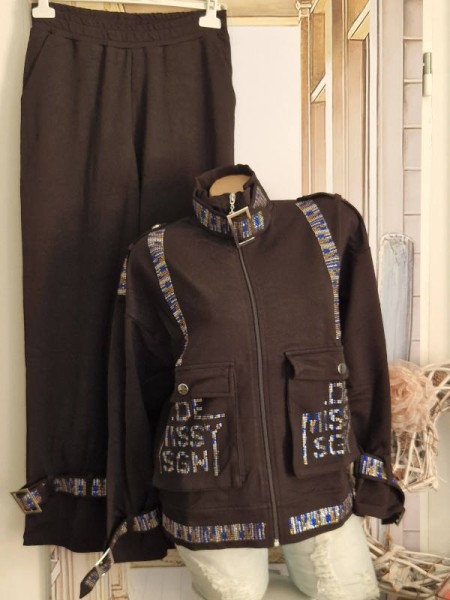 Edler MISSY 2Tlg L 40 Jogginganzug Anzug schwarz viele Glitzersteinchen Schnallen Hose + Kapuzenjack