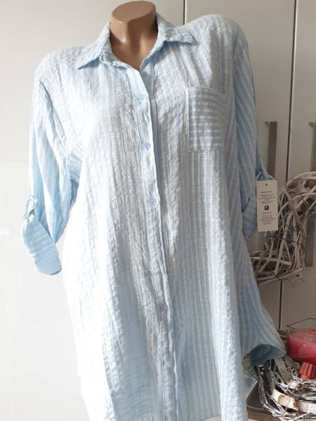 Long Hemdbluse Bluse Hemdblusenkleid Made in Italy weiss/hellblau Leinenoptik 38-42