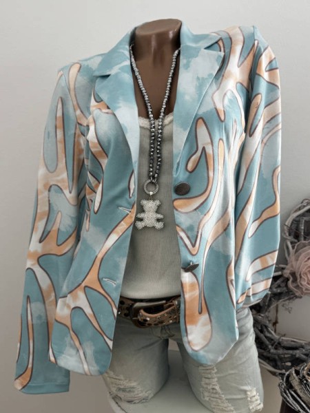 Blazer MISSY XL 42 Kurzblazer hellblau gemustert Glitzernieten Neu