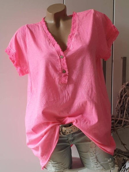 neon pink Tunika Shirt Knopfleiste 40 42 44 Italy Säume gewollt franselig Neu V-Neck Baumwolle