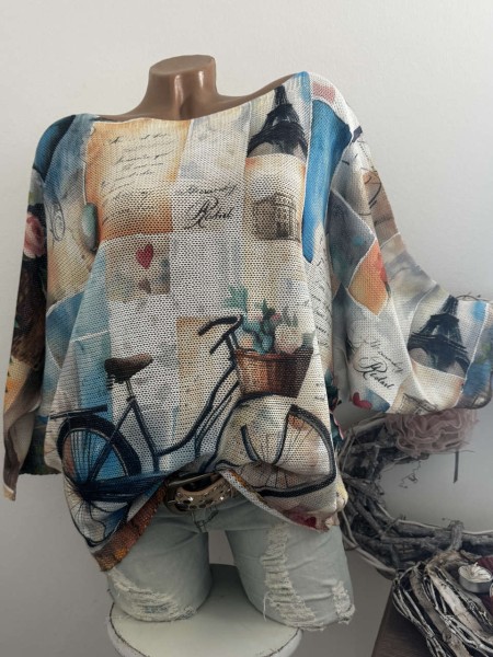 Tunika 36-42 Fledermausarm Feinstrick Fahrradmotiv blau Tunika Pulli bunt NEU Made in Italy 1/2 Arm
