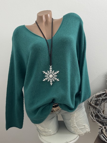 V-Neck Flausch Pullover Pulli petrol 40-44 Neu Tunika Made in Italy