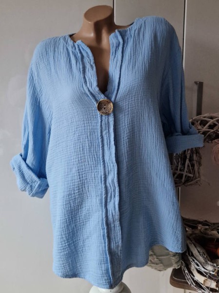 NEU Tunika Hemdbluse Bluse blau 38-42 Made in Italy Baumwolle Leinen
