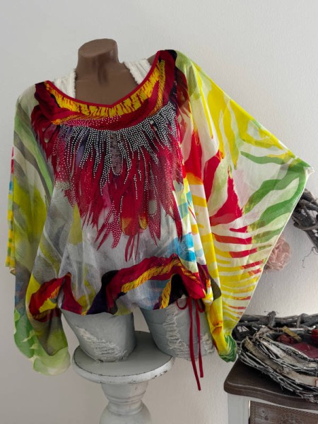 MISSY Chiffon Onesize 38-46 Tunika bunt rote Federn Print sehr weite Ärmel Bund seitlich Saumende Tu
