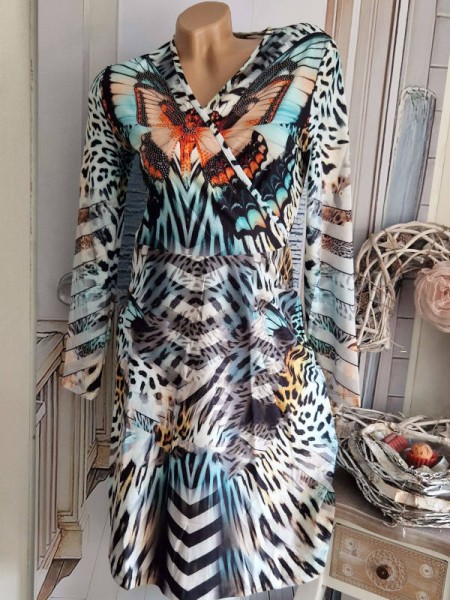 Kleid Wickeloptik MISSY XL 42 Stretchkleid Schmetterling ab Taille ausgestellt NEU Glitzer Steinchen