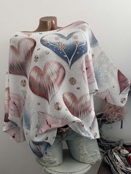 Tunika 36-42 Fledermausarm Feinstrick Herzen Tunika Pulli bunt NEU Made in Italy 1/2 Arm