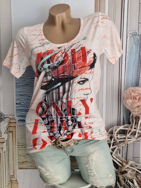 MISSY S 36 T-Shirt Rundhals Tunika Spruch "Du lebst nur einmal" orange schwarz gemustert Neu Nieten