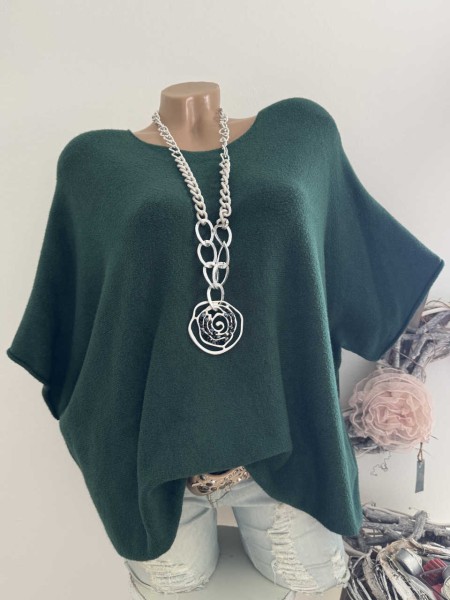 Kurzarm Feinstrick dunkelgrün Tunika Oversized Pullover 38-42 Pulli Made in Italy NEU