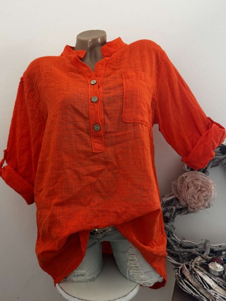 Tunika Bluse orange Hemdbluse Made in Italy 38-42 Musselin Leinenoptik