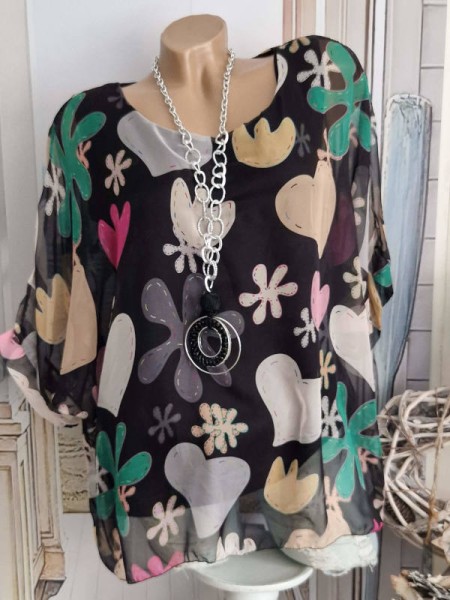 schwarz Bluse blickdicht unterlegt Chiffon Kaftan Tunika NEU 40-44 Made in Italy