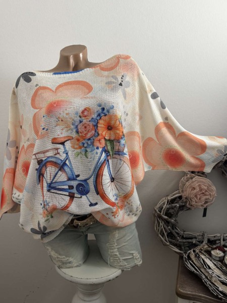 Tunika 36-42 Fledermausarm Feinstrick Fahrrad Bllumen Motiv Tunika Pulli bunt NEU Made in Italy 1/2