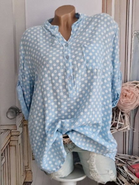 Hemdbluse Bluse Tunika hellblau weisse Punkte Fischerhemd Made in Italy Baumwolle 38-42