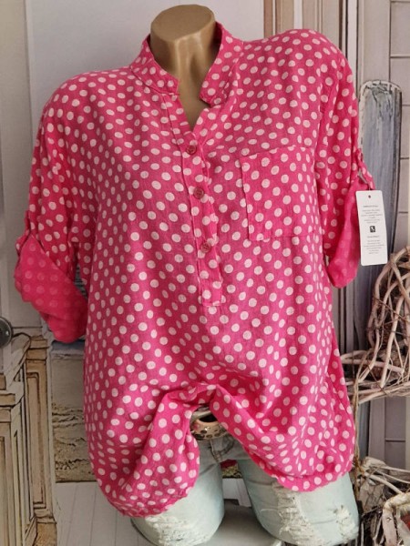 Hemdbluse Bluse pink weiss Dots Fischerhemd Musselin Baumwolle gepunktet 38-42 Tunika