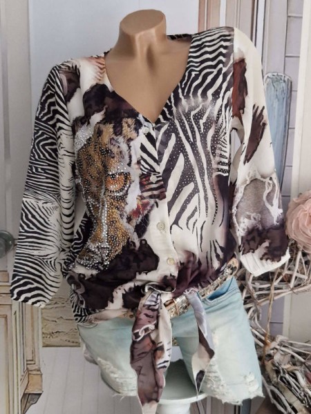MISSY Bluse Hemdbluse L 40 Tunika vorne zum binden Jeans Tiger Ketten Print bunt Glitzer NEU