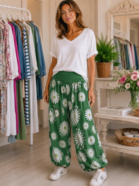 Ballonhose Pluderhose grün mit Margeriten Blumen Italy Pumphose 36-42