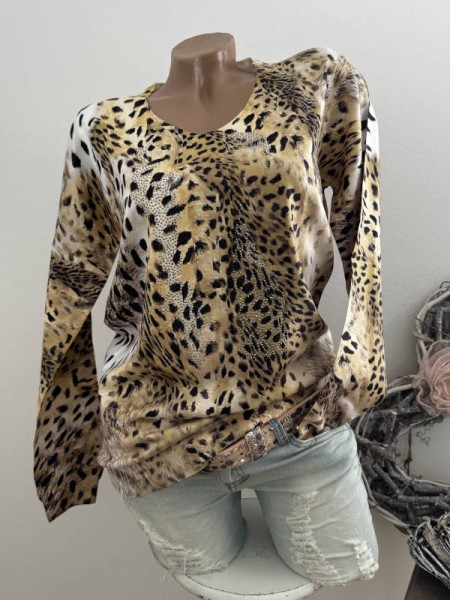 MISSY Pulli Pullover L/XL 40 42 Leo beige schwarz Tiger Animalprint Neu Glitzer Nieten