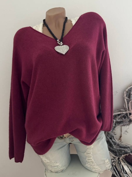 V-Neck Flausch Pullover Pulli bordeaux 40-44 Neu Tunika Made in Italy