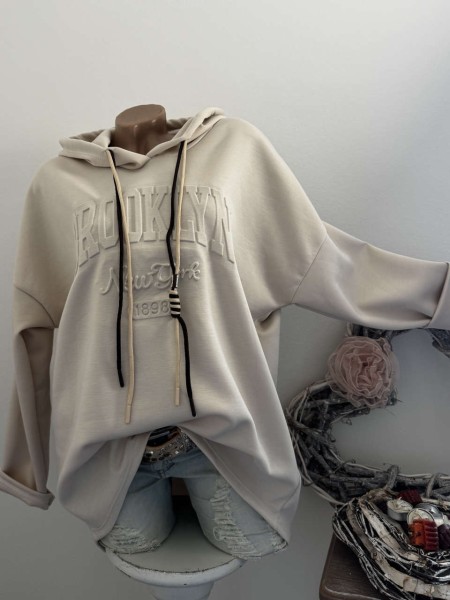 Baumwolle Sweatshirt Hoodie beige BindebändchenTunika Made in Italy 40-44 NEU