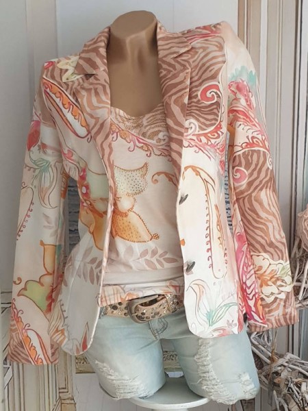 Blazer MISSY XXL 44 Kurzblazer Pastellige Farben Paisley weiss bunt gemustert Glitzer Nieten Neu