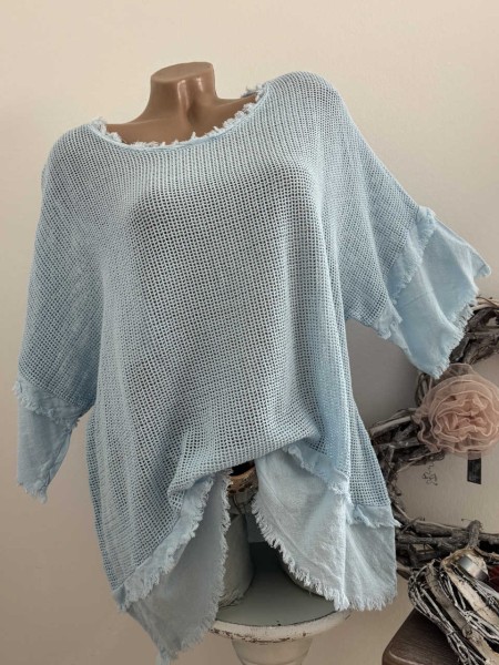 Tunika Shirt Säume gewollt franselig hellblau Made in Italy 40-44 NEU