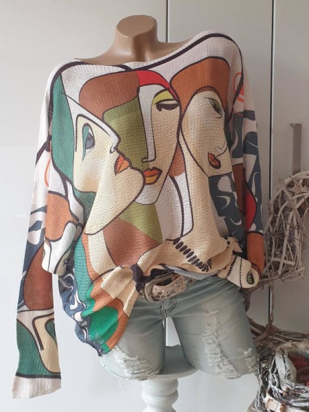 Glattstrick abstrakt bunte Tunika 36-40 Pullover Made in Italy Fledermausarm Pulli