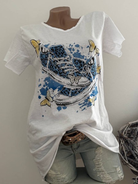 T-Shirt Shirt 36 38 40 42 Sneakers blau Schmetterlinge Italy Nieten NEU weiss