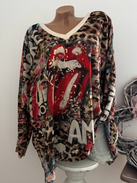 Longsleeve Tunika 40-46 ausgestreckte Zunge Graffiti bunt gemustert V-Neck Lurexsaum Made in Italy N
