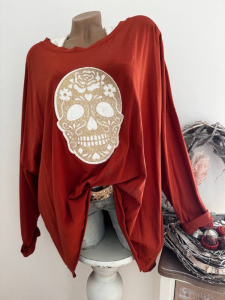 Vokuhila Longsleeve Tunika 42-44 Print Skull Made in Italy rostbraun NEU