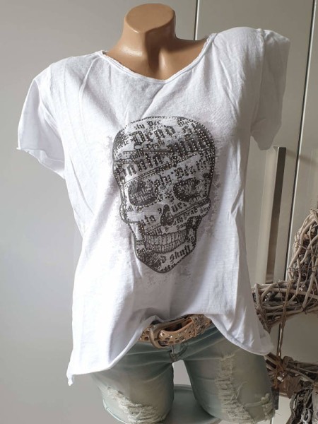 38 40 42 Tunika weiss Rollbündchen Italy T-Shirt Skull Print Glitzer Nieten tailliert