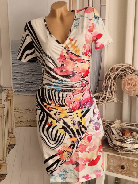 Kleid MISSY XL 42 weiss bunt Animal floraler Print Wickeloptik Stretchkleid Kurzarm NEU Glitzer
