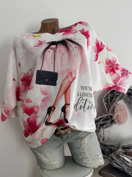 Tunika 36-42 Fledermausarm Fashion weiss rosa pink Print Feinstrick Pulli NEU Made in Italy