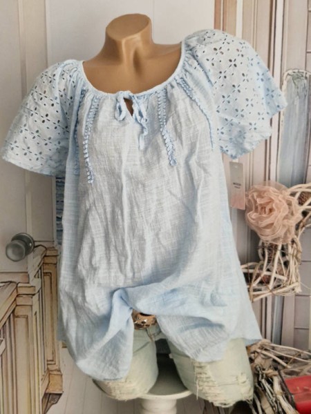 Baumwolle Carmen Tunika Bluse hellblau Made in Italy luftig leicht 36-40