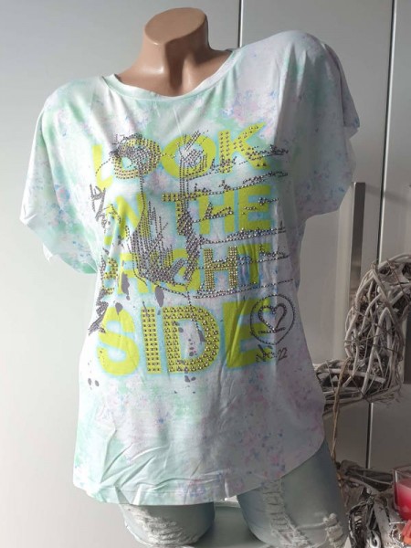 Neu L 40 Tunika MISSY T-Shirt Shirt Print Glitzernieten neongelb/bunt