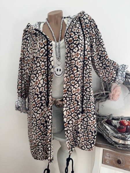 leichter Cardigan mit Kapuze Made in Italy beige Leo 40-44 NEU Tunnelzug Hoodie Jacke