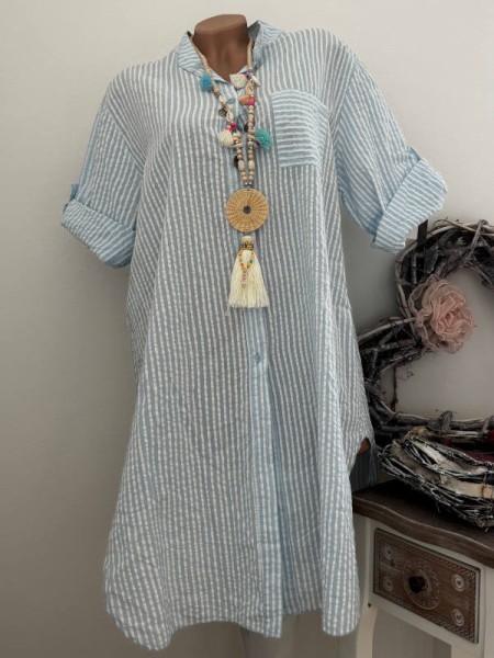 Long Hemdbluse Bluse Hemdblusenkleid Made in Italy hellblau/weiss 40-44 Baumwolle