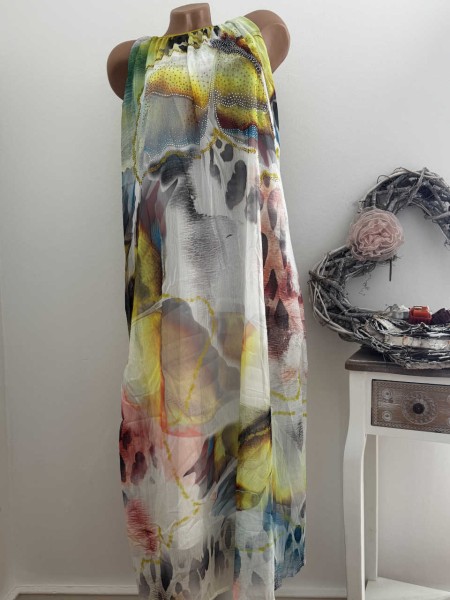 Kleid Maxikleid M 38 MISSY Ärmelloses gelb floral bunt gemustert hinten zum binden 2lagig unterfütte