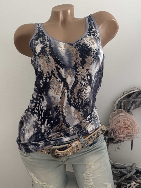 MISSY XL 42 Trägertop Top Longtop Snakeprint graublau beige Glitzer Nieten Neu