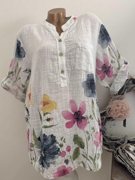 Bluse NEU Fischerhemd Tunika Leinenoptik 38-42 weiss