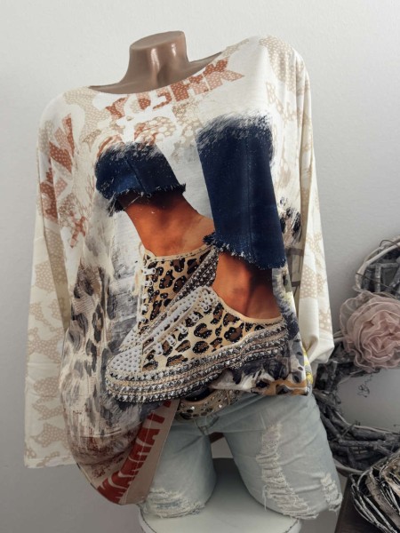 Longsleeve Tunika Glitzer Steinchen 40-44 Fashion Strass Sneakerprint beige bunt Made in Italy