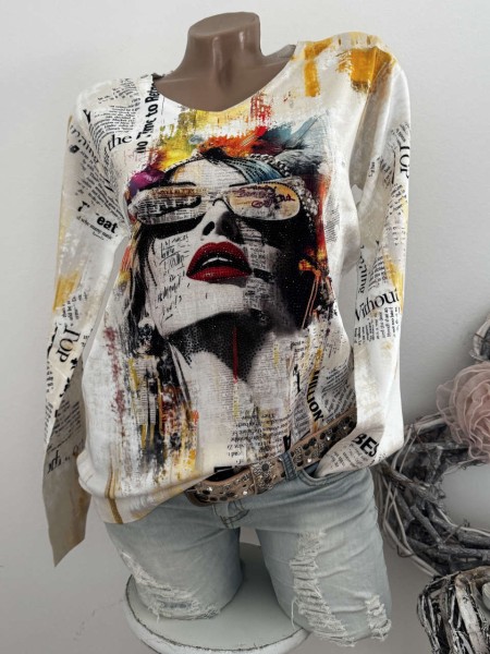 Pullover MISSY Pulli M/L 38 40 Neu Glitzer Frau mit Sonnenbrille bunt