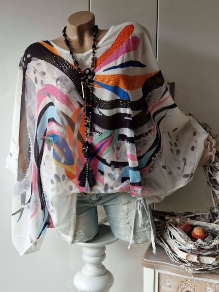 MISSY Chiffon Onesize Tunika weiss bunt sehr weite Ärmel Bund seitlich Saumende Tunnelzug