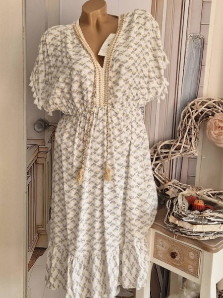 Empirekleid Made in Italy Hängerchen Kleid Troddeln Bommeln Onesize 36-40 weiss grau gemustert Tunik