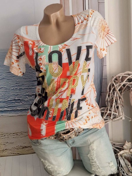 S 36 MISSY T-Shirt Shirt Glitzer Nieten Print NEU Strass weiss bunt