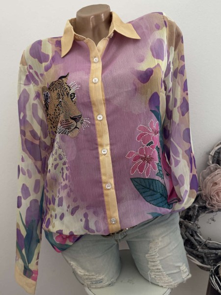 MISSY L 40 Bluse Hemdbluse lila Leopard Leo floral Neu Glitzer Steinchen