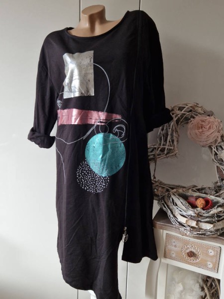 Sweat Kleid long Tunika Made in Italy 36-42 seitlich Zipper schwarz mit Print